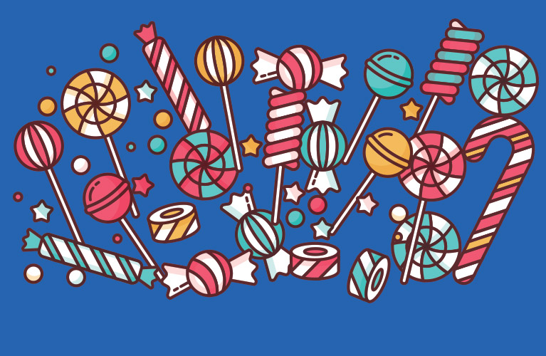 Colorful illustrated candies, sweet lollipops, candy canes, and treats scattered on a blue background.