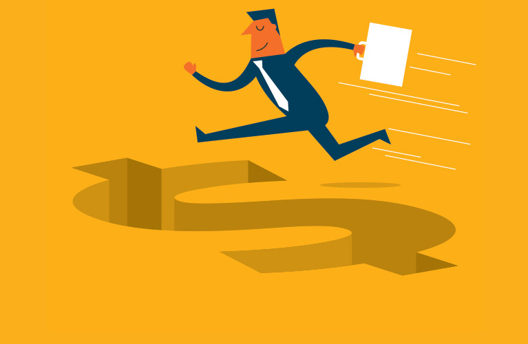 Illustration of a businessperson in a suit jumping over pitfalls shaped like a dollar sign while holding a document, set against an orange background.