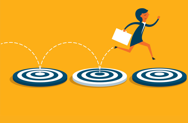 Illustration of a person in business attire jumping across target platforms on an orange background, symbolizing progress when you take care of employees and support their achievement.