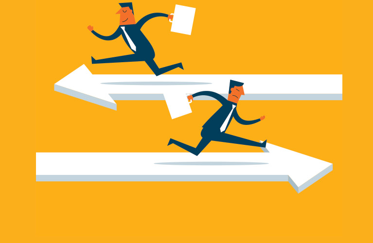 Two illustrated businesspeople in suits run on large white arrows, staying in their lane, holding papers against an orange background. One is slightly ahead of the other.