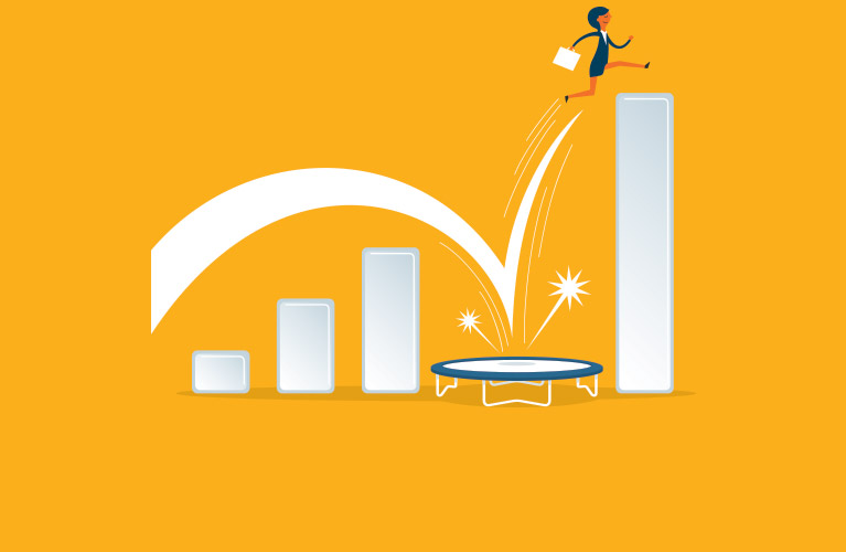 A female with a briefcase uses a trampoline to jump over a rising bar graph on a yellow background.