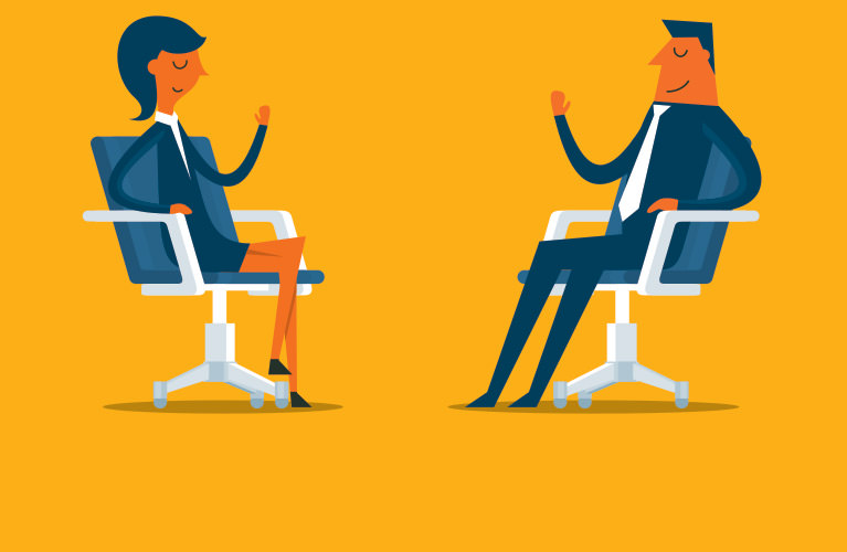 Illustration of a woman and a man in business attire, highlighting appearance in business, sitting on office chairs and conversing against a yellow background.