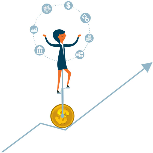 Image of a person on a unicycle with a coin as the wheel