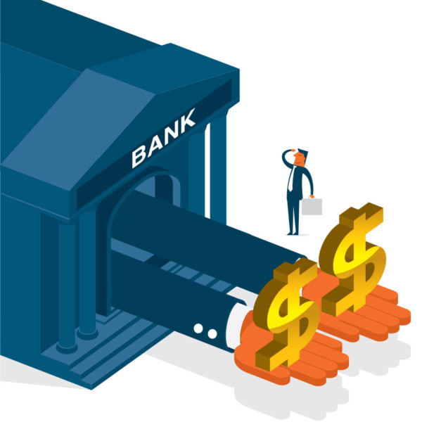 Image of two hands coming out from a bank holding dollar signs.