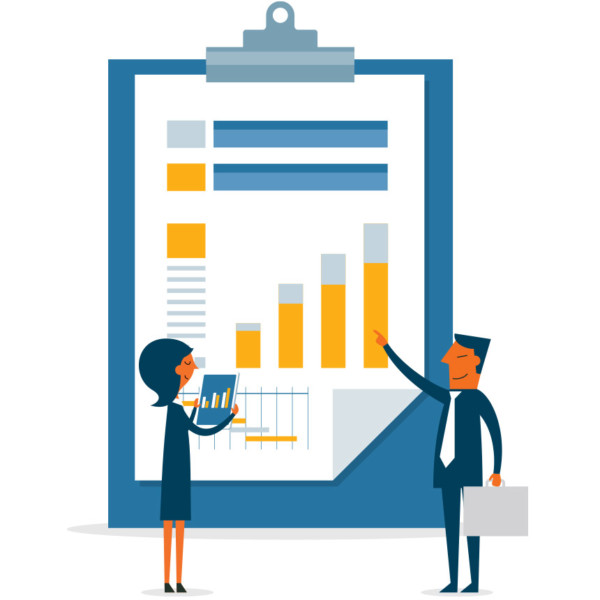 Animated image of an oversized clipboard with data on it being analyzed by two people.