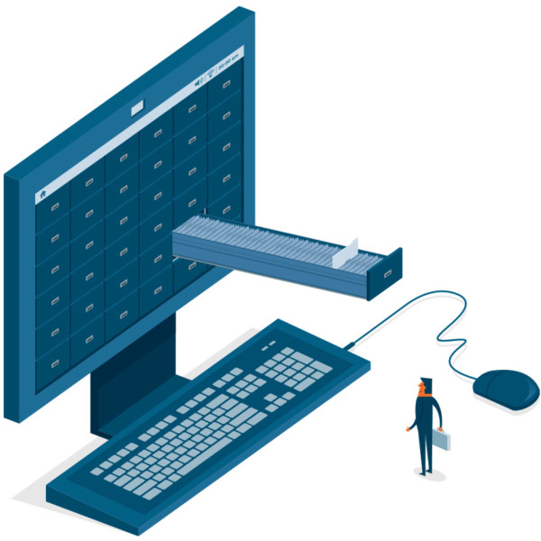Animated image of a filing cabinet coming out from a computer screen.