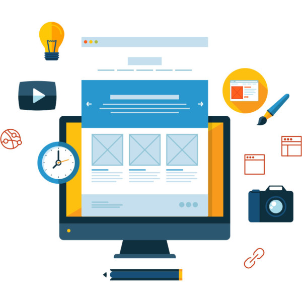 Animated image of websites and apps floating around a desktop computer