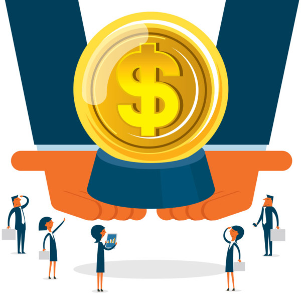 Animated image of a large pair of hands holding a large dollar sign coin.