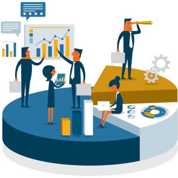 Image of people working on and around various graphs