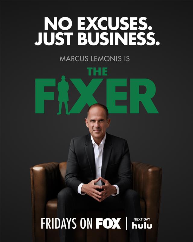 Marcus Lemonis in a suit sits in a brown leather chair beneath bold text promoting The Fixer TV show, airing Fridays on FOX and next day on Hulu.