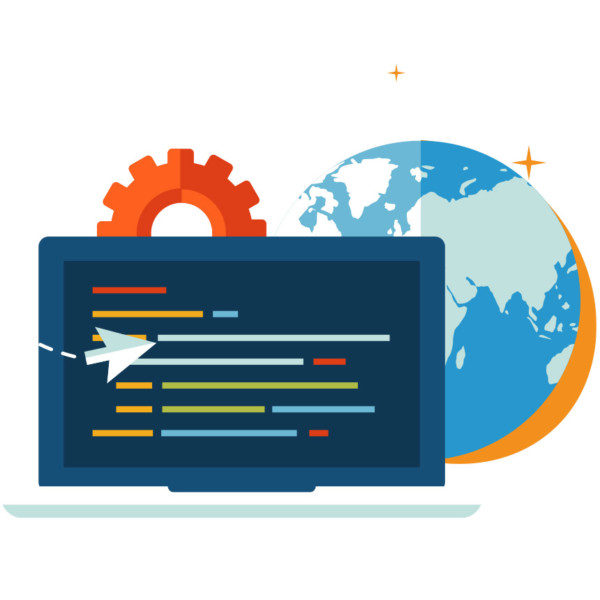 Animated image of a laptop in front of a globe