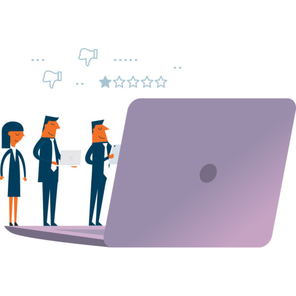 Animated image of three people looking at an oversized laptop.