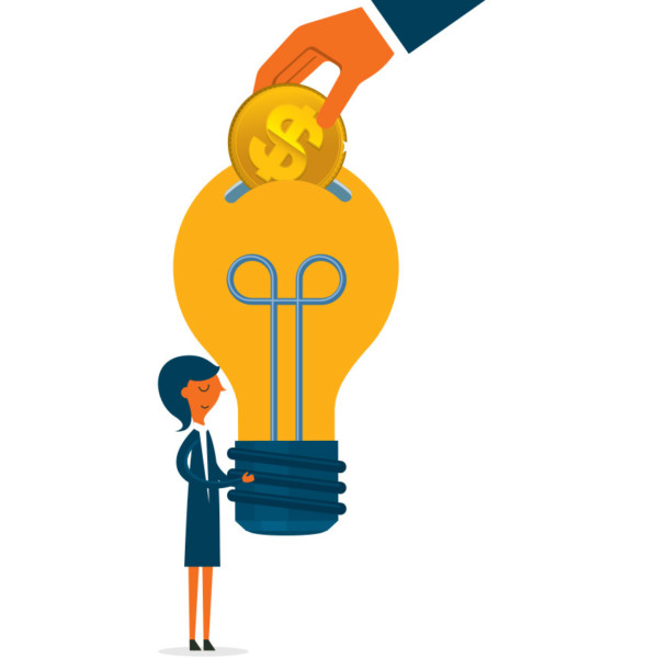Image of a hand adding a coin into a light bulb like a coin bank.