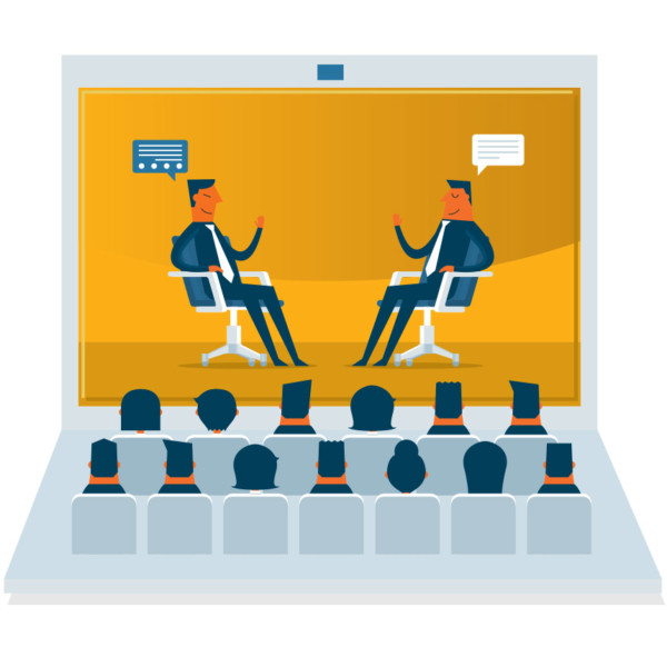 Image of multiple people watching a meeting on a big screen