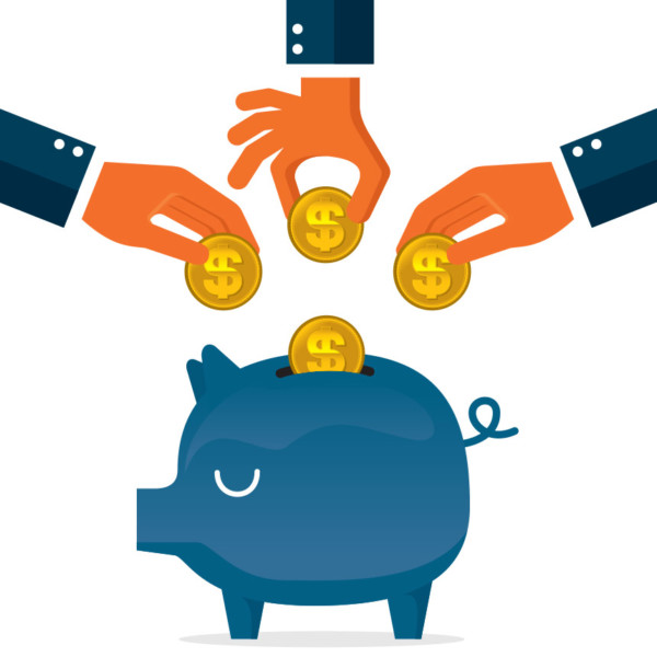 Image of three hands adding coins to a piggy bank.