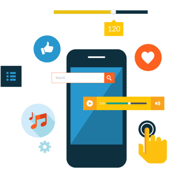 Animated image of apps floating around a mobile phone