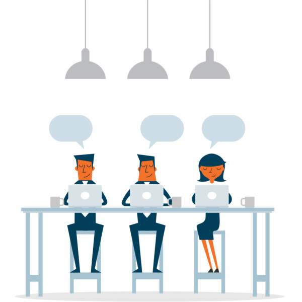 Animated image of three people working off laptops while sitting at a table.