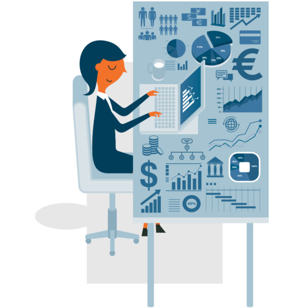 Image of someone working on a laptop from a desk, with various graphs and symbols on the desk.