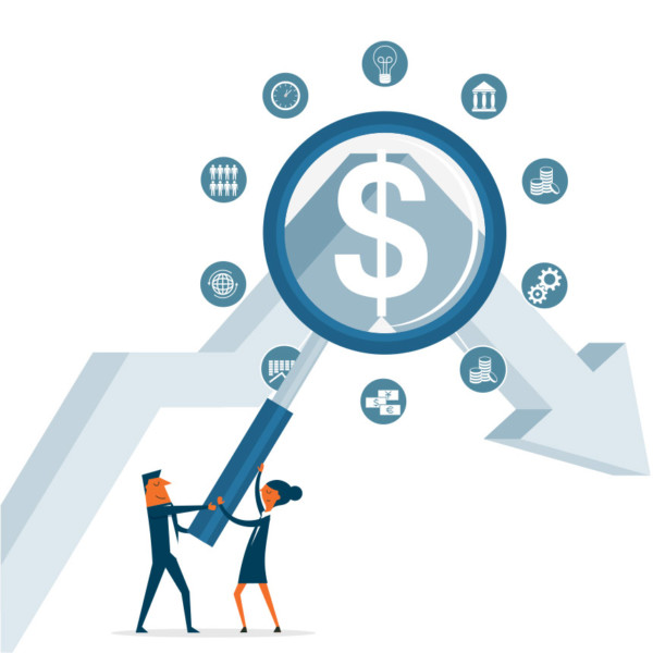 Image of people holding a magnifying glass to an arrow going down.