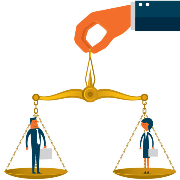 Image of two people on a scale that is balanced.
