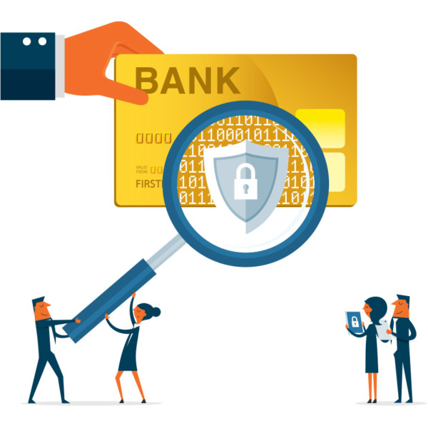 Image of a magnifying glass looking at a bank card.