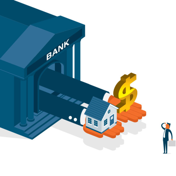Image of two hands coming out from a bank holding a dollar sign and a building.