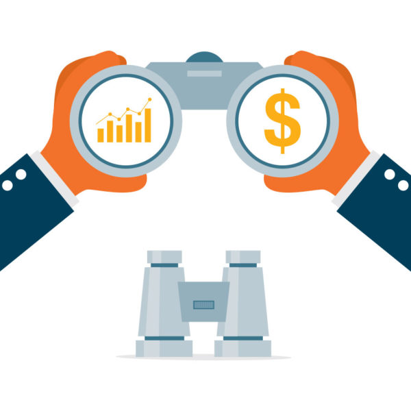 Binoculars showing money and stocks going up after starting a small business