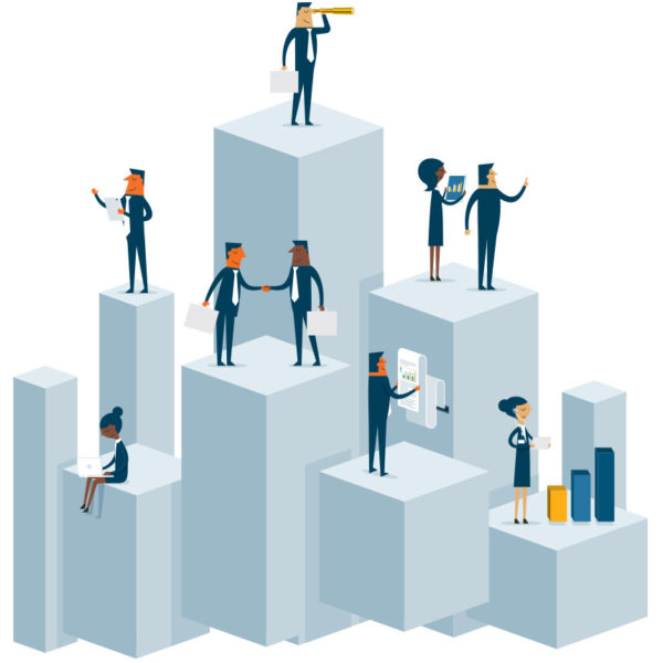 Image of people on block shaped towers working on various data