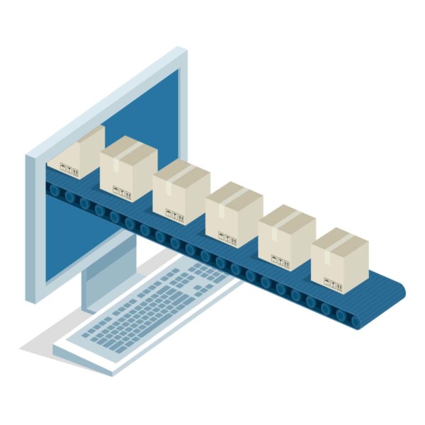 Boxes on a conveyor belt coming through the computer