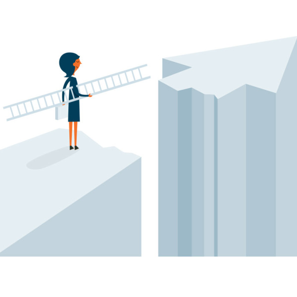 Image of someone looking at a broken path shaped like an arrow while holding a ladder.