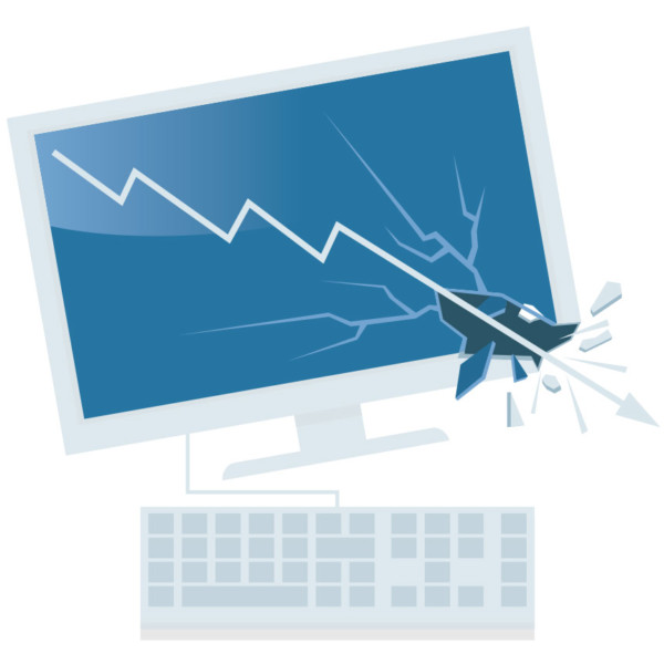 Image of a broken computer with an arrow going down through it.