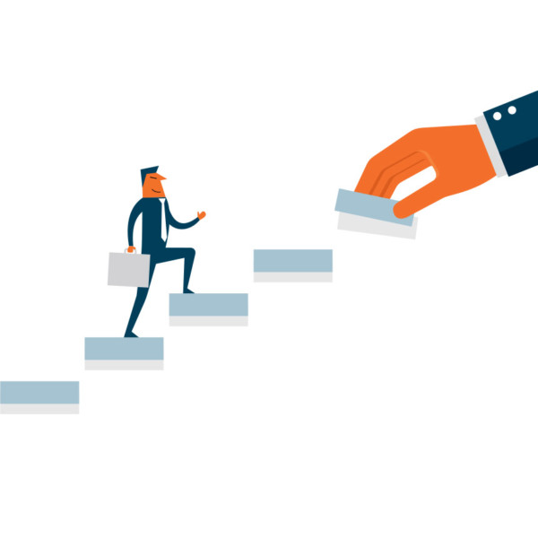Image of someone walking up stairs as they are being placed by a larger hand.