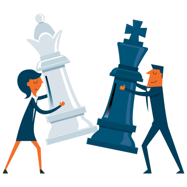 Business people holding up giant chess pieces to come to an agreement