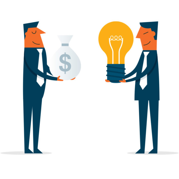 Image of two people exchanging a bag of money for a lightbulb.