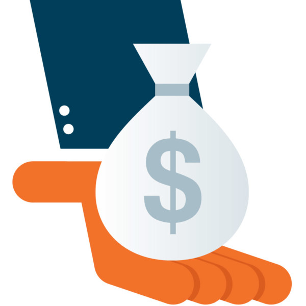 Image of a hand with a bag of money in it.
