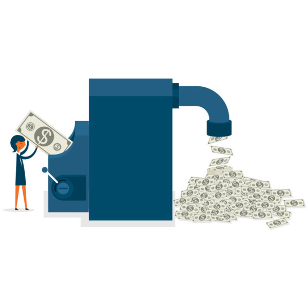 Image of someone putting a large dollar bill into a machine and several smaller dollar bills being dispensed from it.