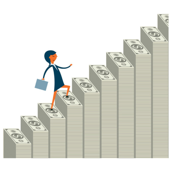 Image of someone walking up stairs made of cash.