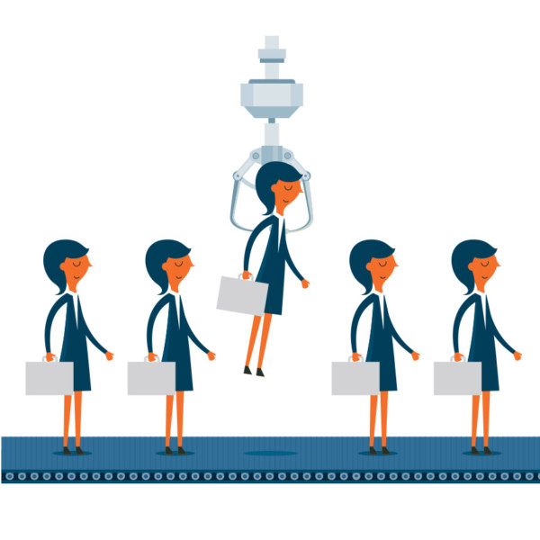 Image of a claw picking people up from a conveyor belt.