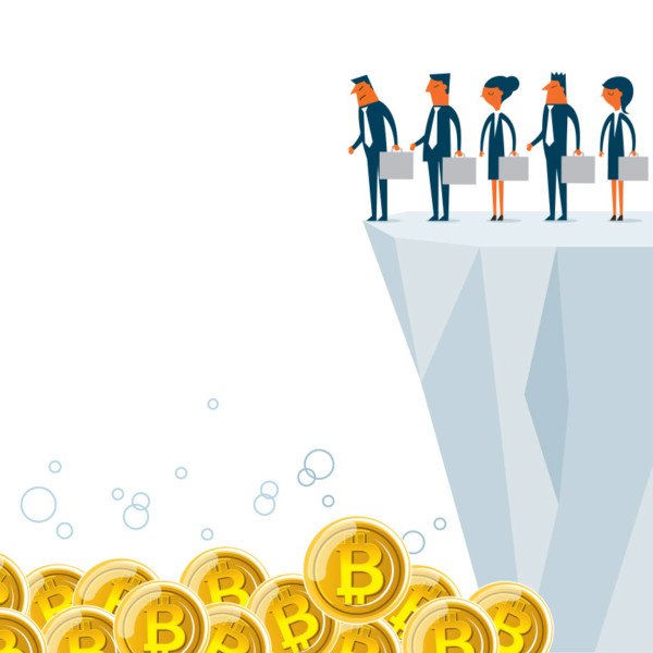 Image of five people near a cliff looking down at a pit of coins.