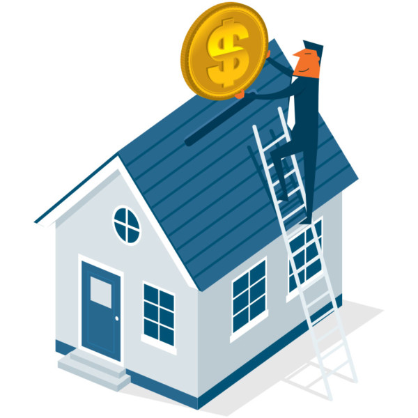 Image of someone putting a coin in a house like a coin bank.