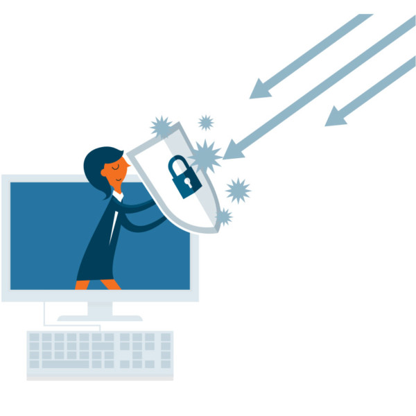 Image of someone holding a shield in a computer screen blocking arrows.