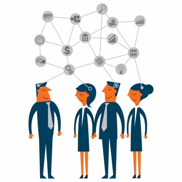 Image of four people thinking about different business data.