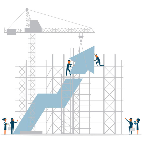 Image of people constructing an upward rising arrow.