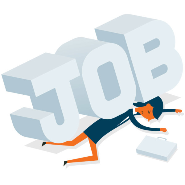 Image of the word “job” crushing someone underneath it.