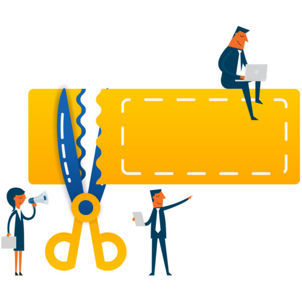 Image of a giant pair of scissors cutting a giant ticket, with people on and around it.
