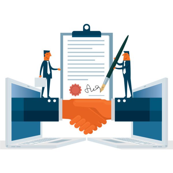 Image of a contract being signed and hands shaking through computers.