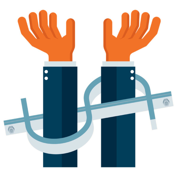 Image of someone being handcuffed in dollar sign cuffs.