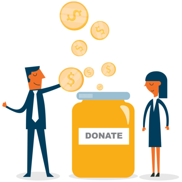 Image of coins being put into a donations jar.