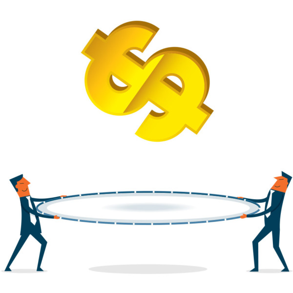 Image of a dollar sign falling and two people trying to catch it.