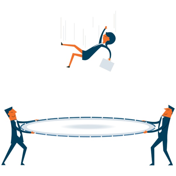 falling person being caught with a trampoline after a business mistake
